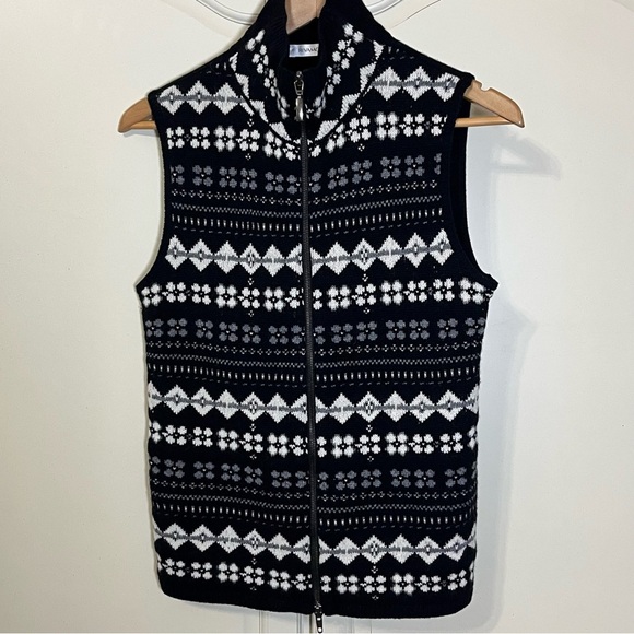Rivamonti 100% Wool Fair Isle Vest Black White Full Zip Italy Woman’s Size Large - Picture 7 of 7